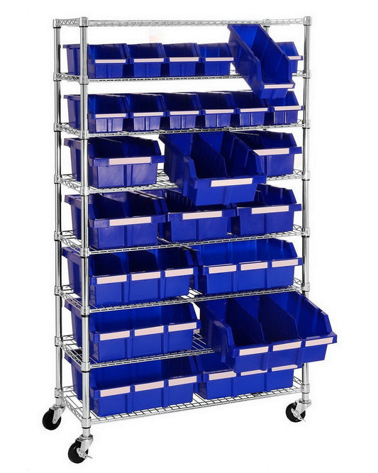 Bin Rack Rolling Storage Shelving Unit 7 Tier Steel Shelves 24 Plastic Bins