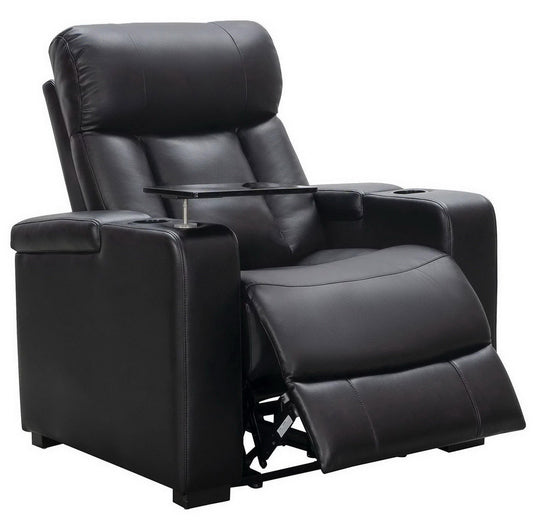 Reclining Home Theater Chair Black Bonded Leather Recliner Cup Holder Tray Table