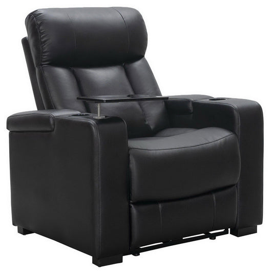 Reclining Home Theater Chair Black Bonded Leather Recliner Cup Holder Tray Table