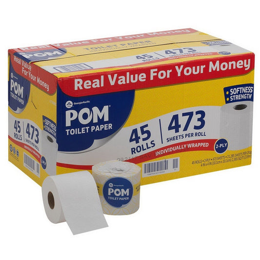 POM Toilet Paper Bath Tissue 45 Rolls 2 Ply 473 4" x 4" sheets