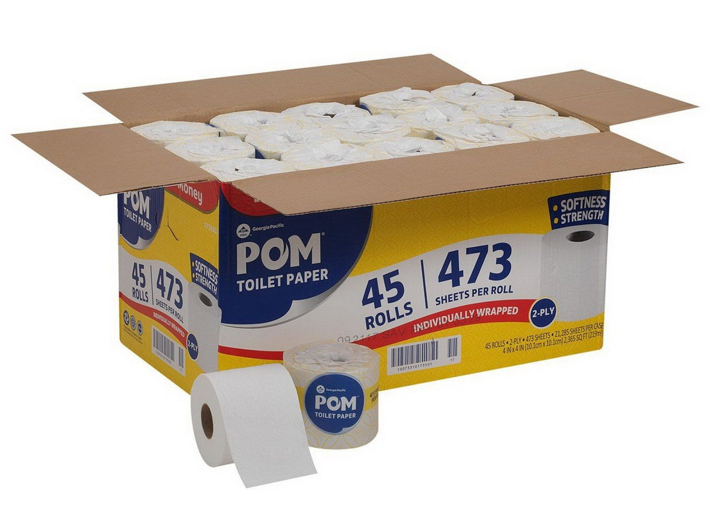 POM Toilet Paper Bath Tissue 45 Rolls 2 Ply 473 4" x 4" sheets
