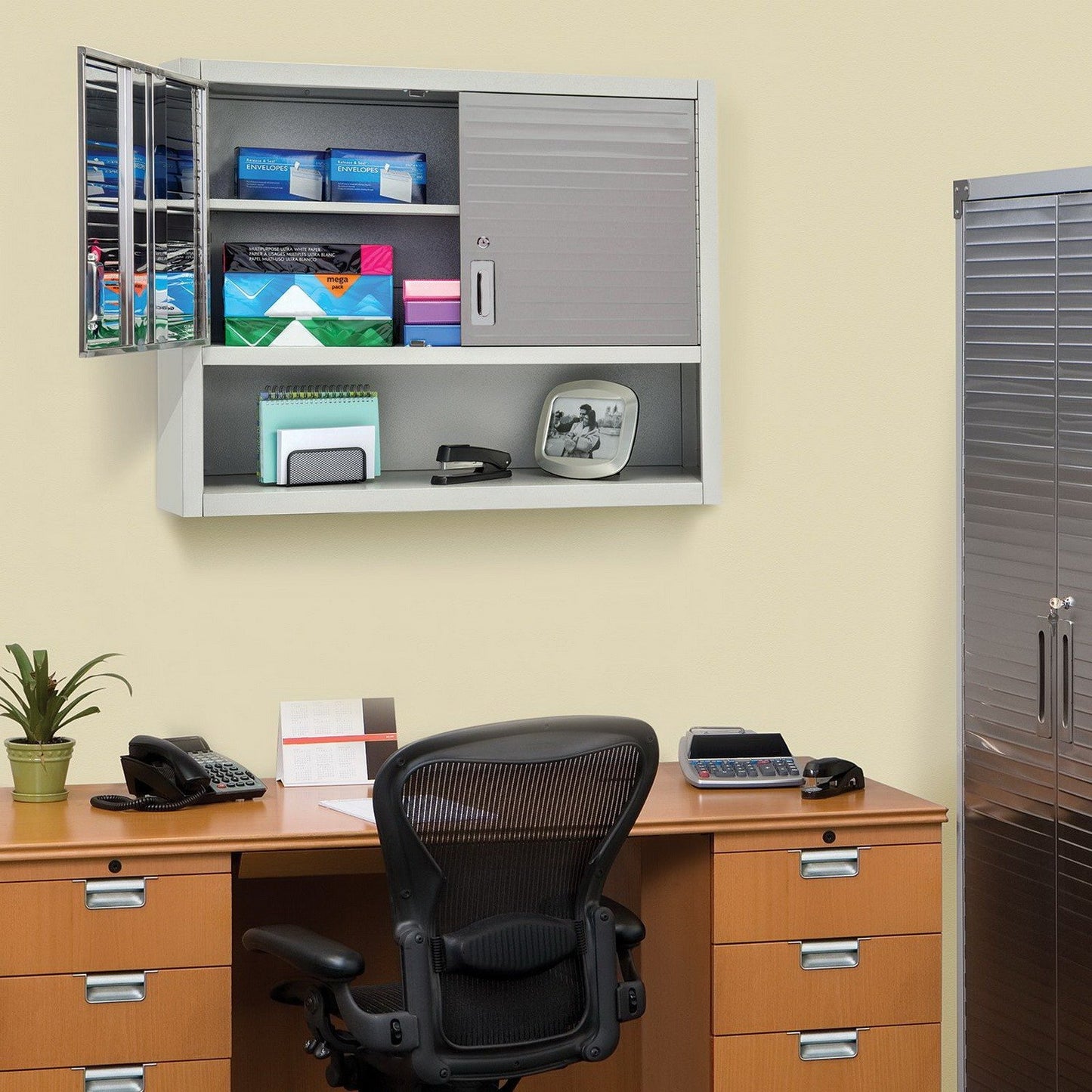 Metal Locking Wall Cabinet Tool Shop Garage Storage Shelf Heavy-Duty Steel