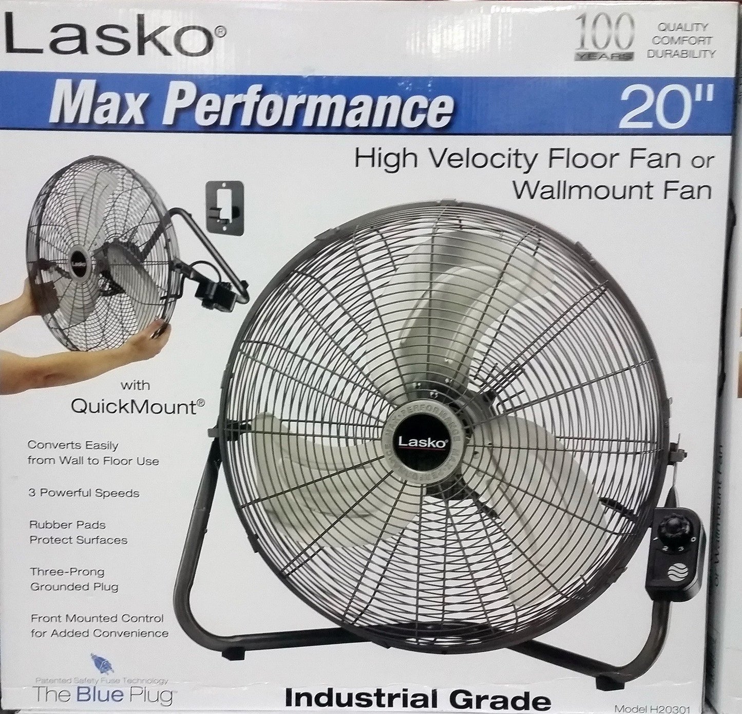 Lasko 20" Floor Fan Portable 3 Speed with Tilt and Wall Mount Bracket