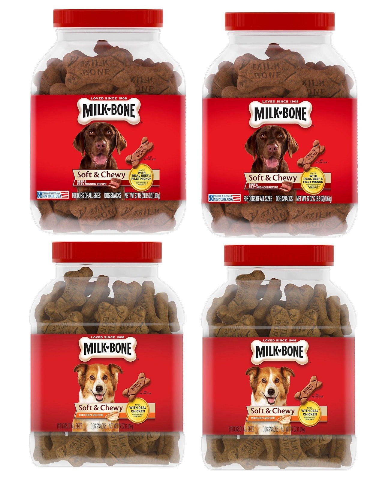 Milk Bone Dog Treats Soft & Chewy Chicken or Beef Recipe Snack 2 Pack 37 oz Jars