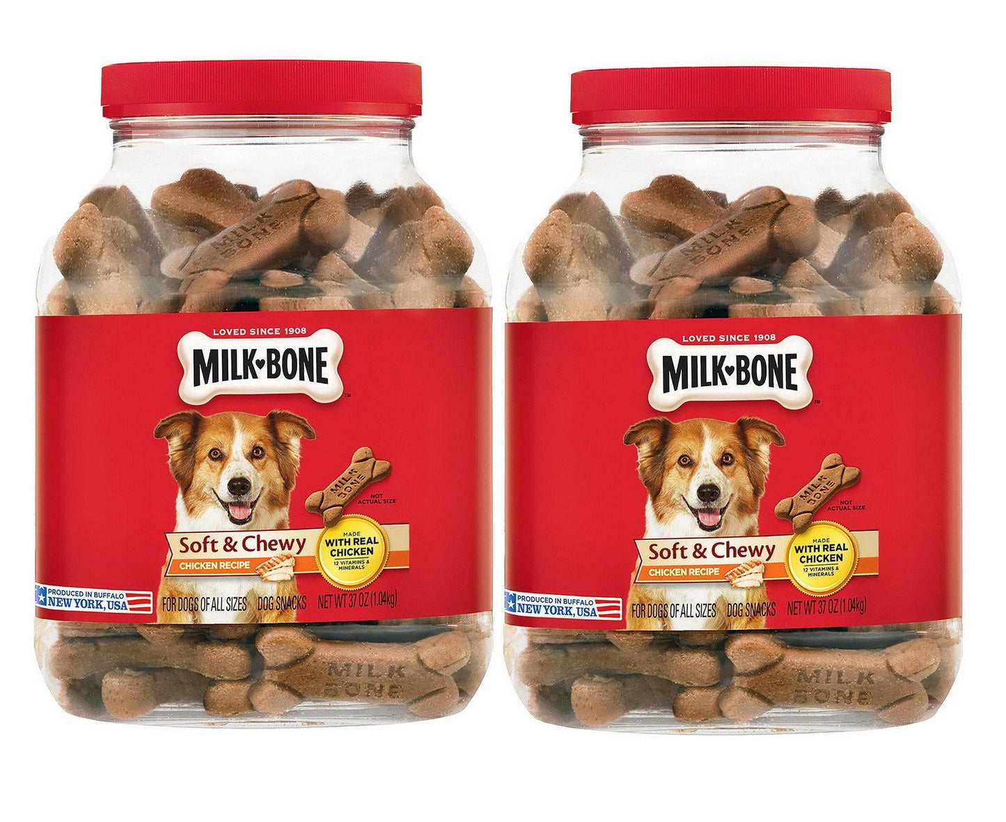 Milk Bone Dog Treats Soft & Chewy Chicken or Beef Recipe Snack 2 Pack 37 oz Jars