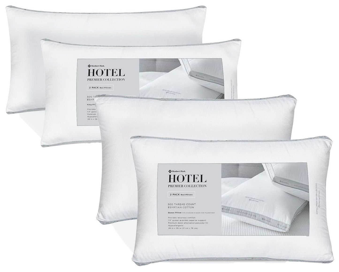 King Queen Size Bed Pillow 2 Pack 500 Thread Count Cotton Down Alternative Fill