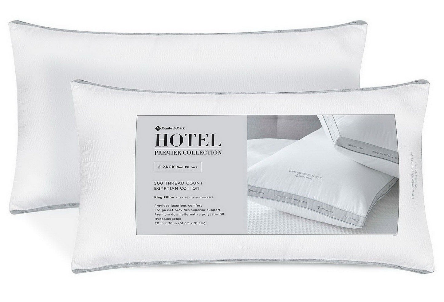King Queen Size Bed Pillow 2 Pack 500 Thread Count Cotton Down Alternative Fill