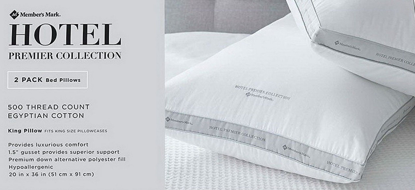 King Queen Size Bed Pillow 2 Pack 500 Thread Count Cotton Down Alternative Fill