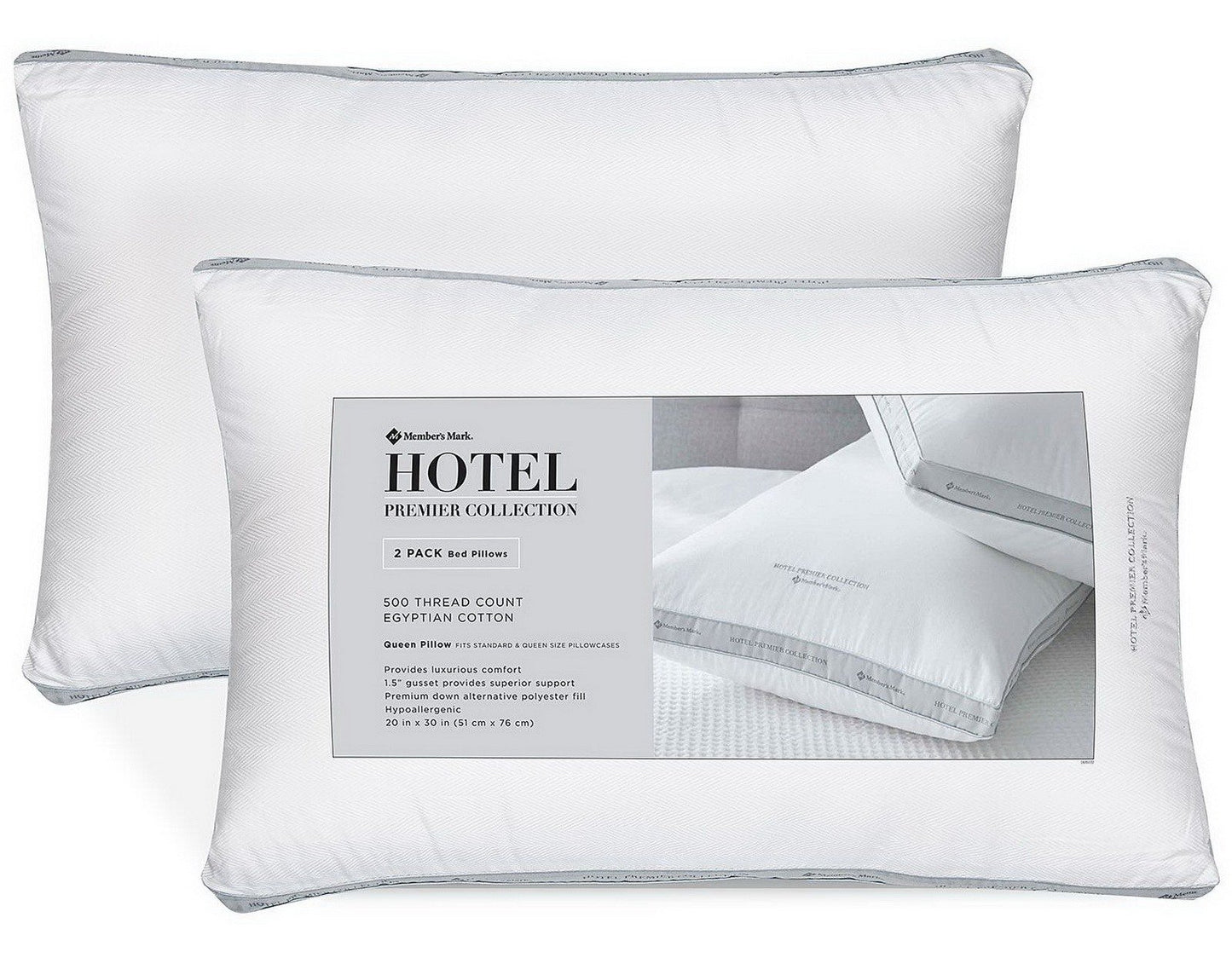 King Queen Size Bed Pillow 2 Pack 500 Thread Count Cotton Down Alternative Fill