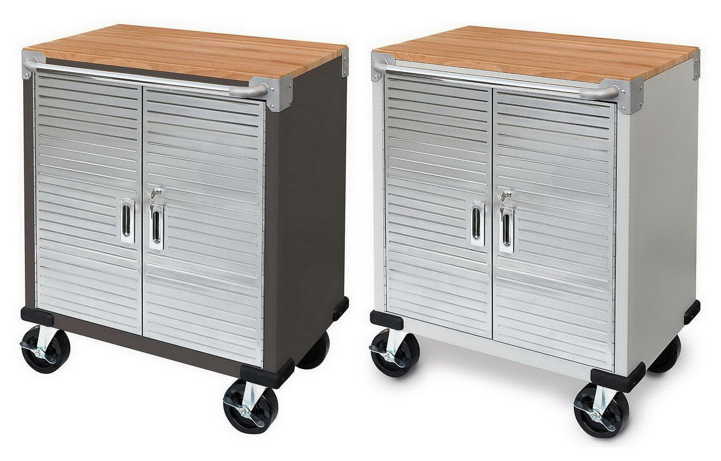 Rolling Tool Chest Stainless Steel 2 Door Metal Storage Cabinet Wood Top