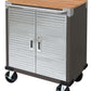 Rolling Tool Chest Stainless Steel 2 Door Metal Storage Cabinet Wood Top