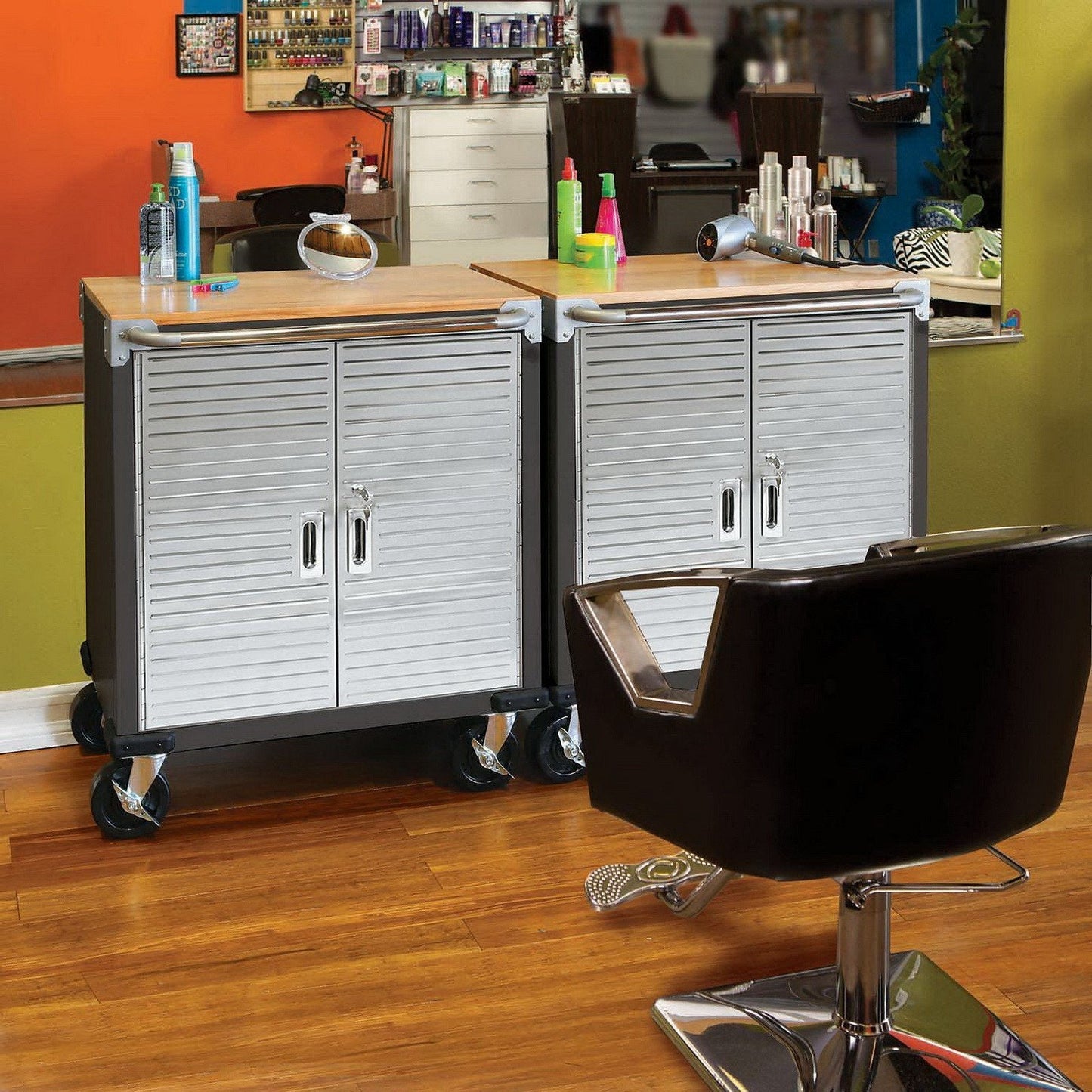 Rolling Tool Chest Stainless Steel 2 Door Metal Storage Cabinet Wood Top