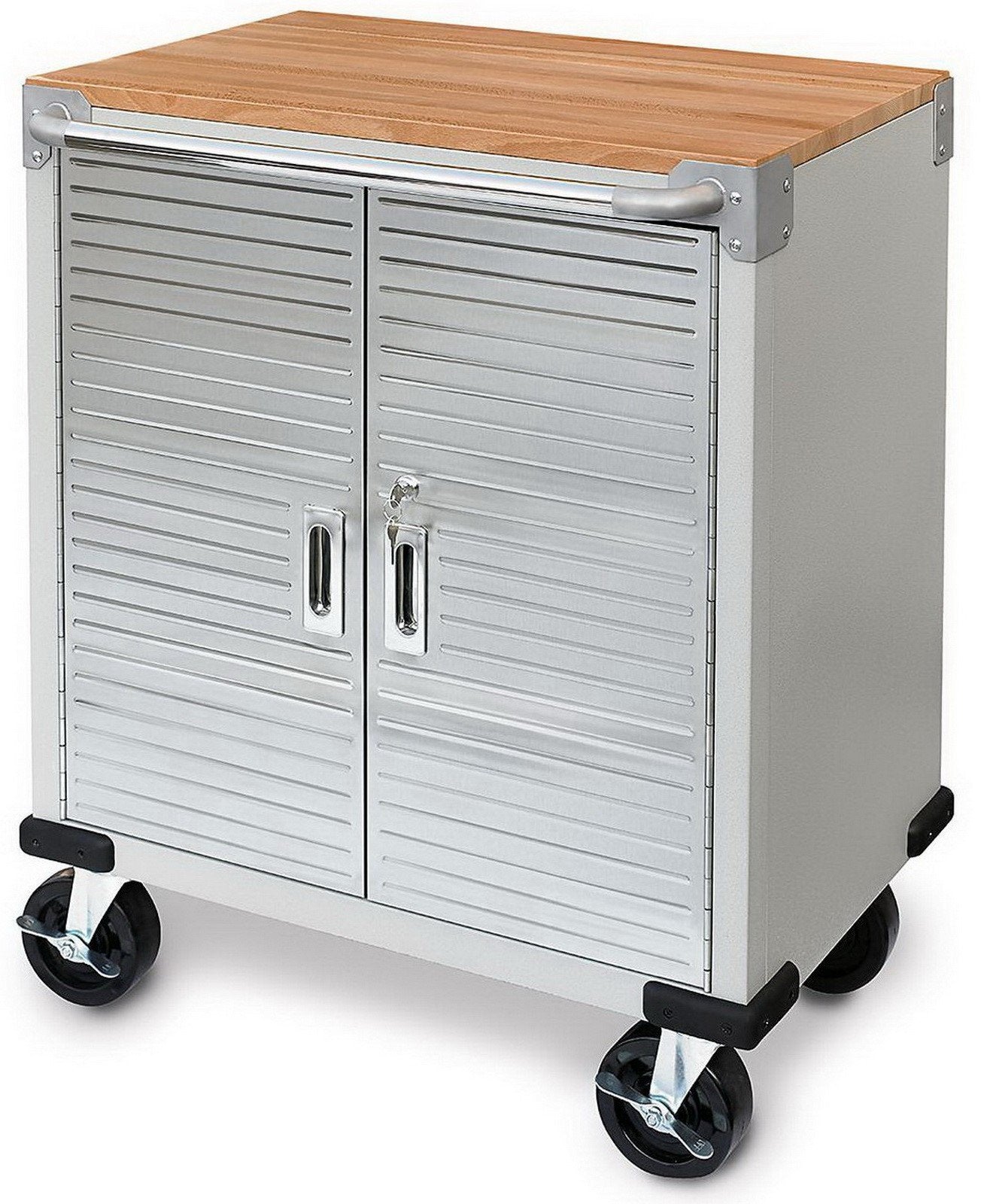 Rolling Tool Chest Stainless Steel 2 Door Metal Storage Cabinet Wood Top