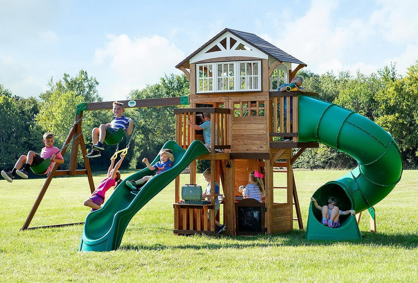 Large Cedar Wood Playground Swing Set Play Set 2 Slides Clubhouse
