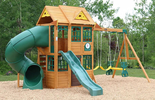 Cedar Wood Outdoor Playset Playground 12' Slide Climbing Wall Kid Kraft