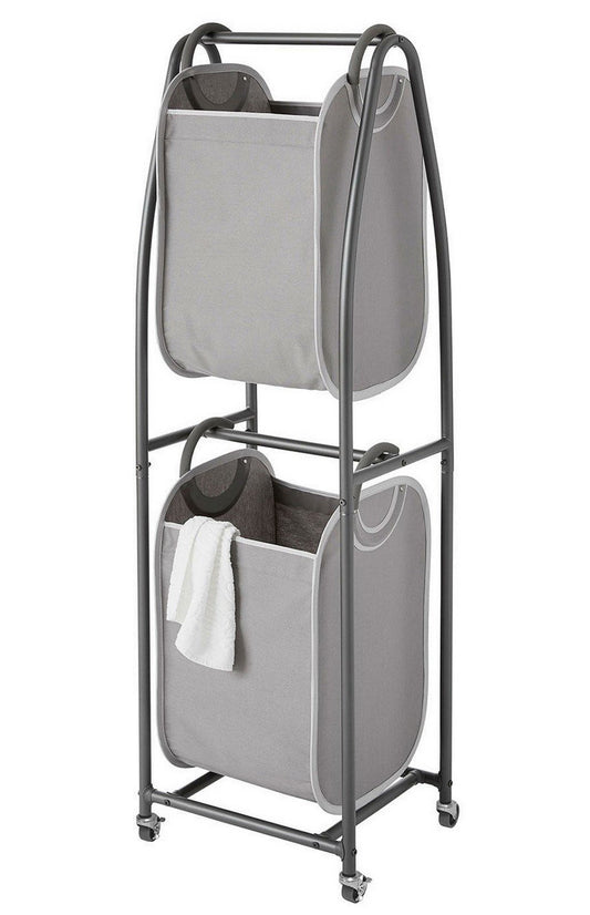 2 Tier Rolling Laundry Hamper Cart Two Bags 56" Tall Metal Frame & Caster Wheels