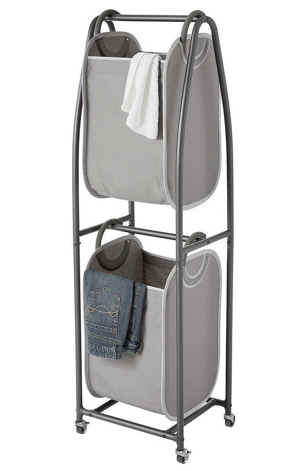 2 Tier Rolling Laundry Hamper Cart Two Bags 56" Tall Metal Frame & Caster Wheels