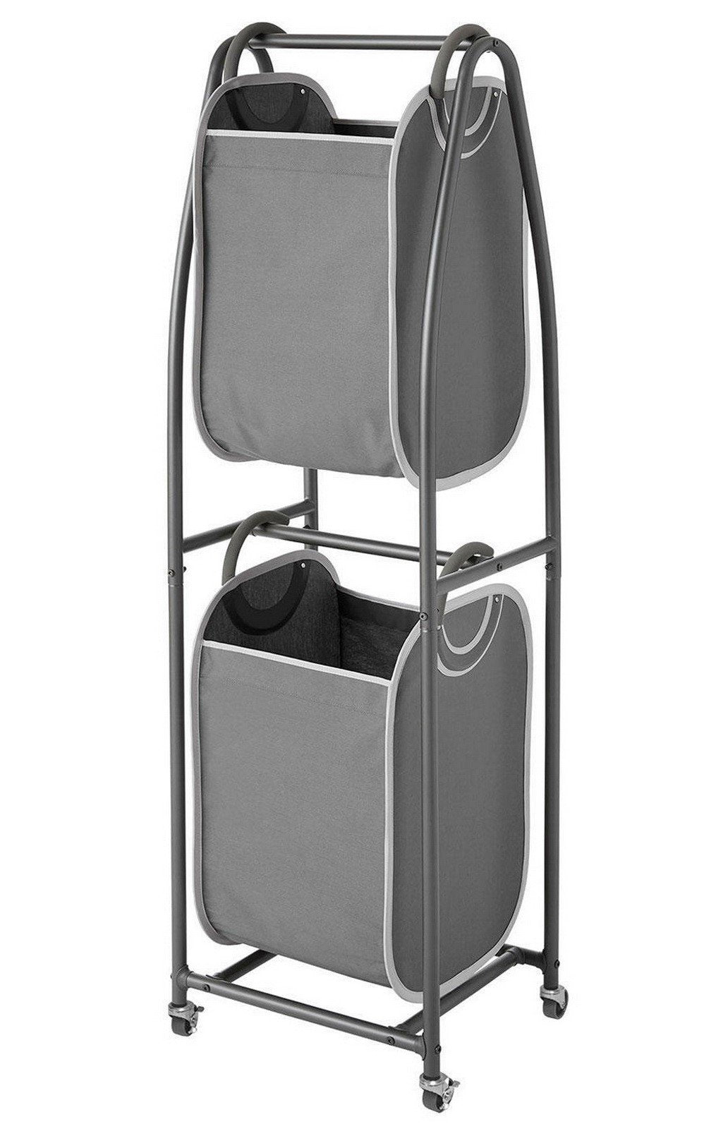 2 Tier Rolling Laundry Hamper Cart Two Bags 56" Tall Metal Frame & Caster Wheels