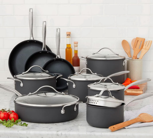 15 pc Cookware Set Saute Fry Sauce Pans Glass Lids Hard Anodized Aluminum