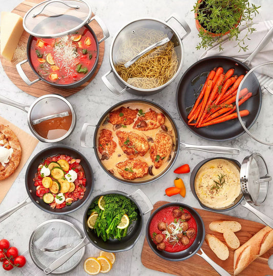 15 pc Cookware Set Saute Fry Sauce Pans Glass Lids Hard Anodized Aluminum