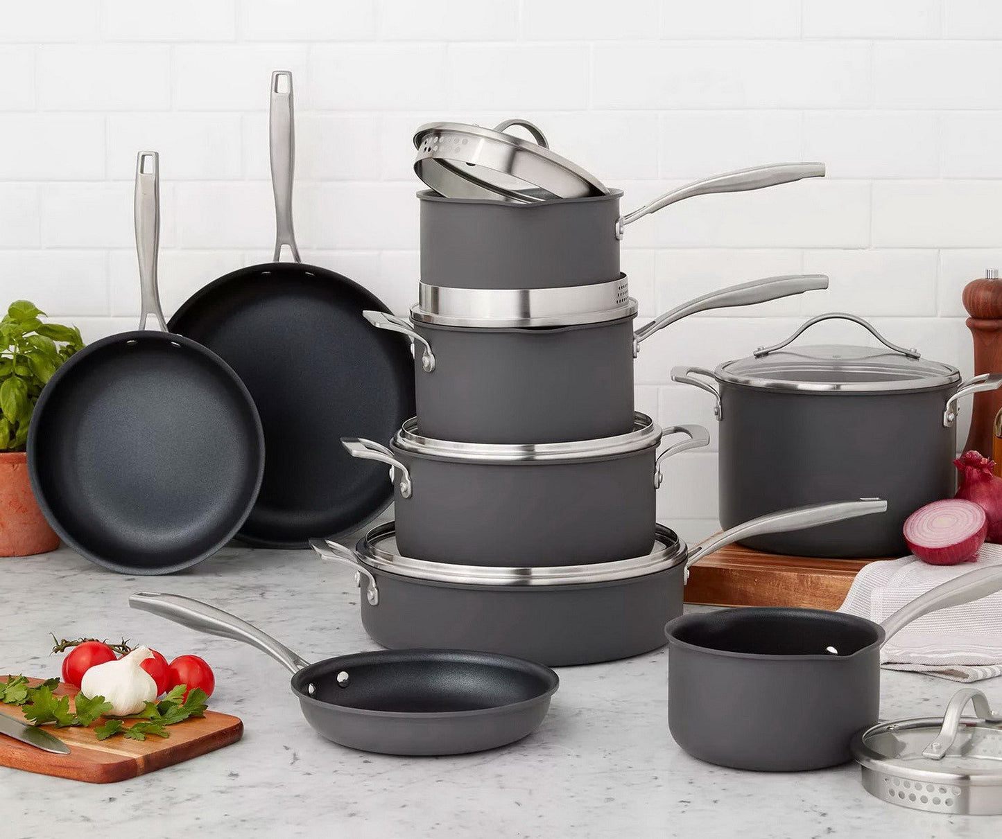 15 pc Cookware Set Saute Fry Sauce Pans Glass Lids Hard Anodized Aluminum