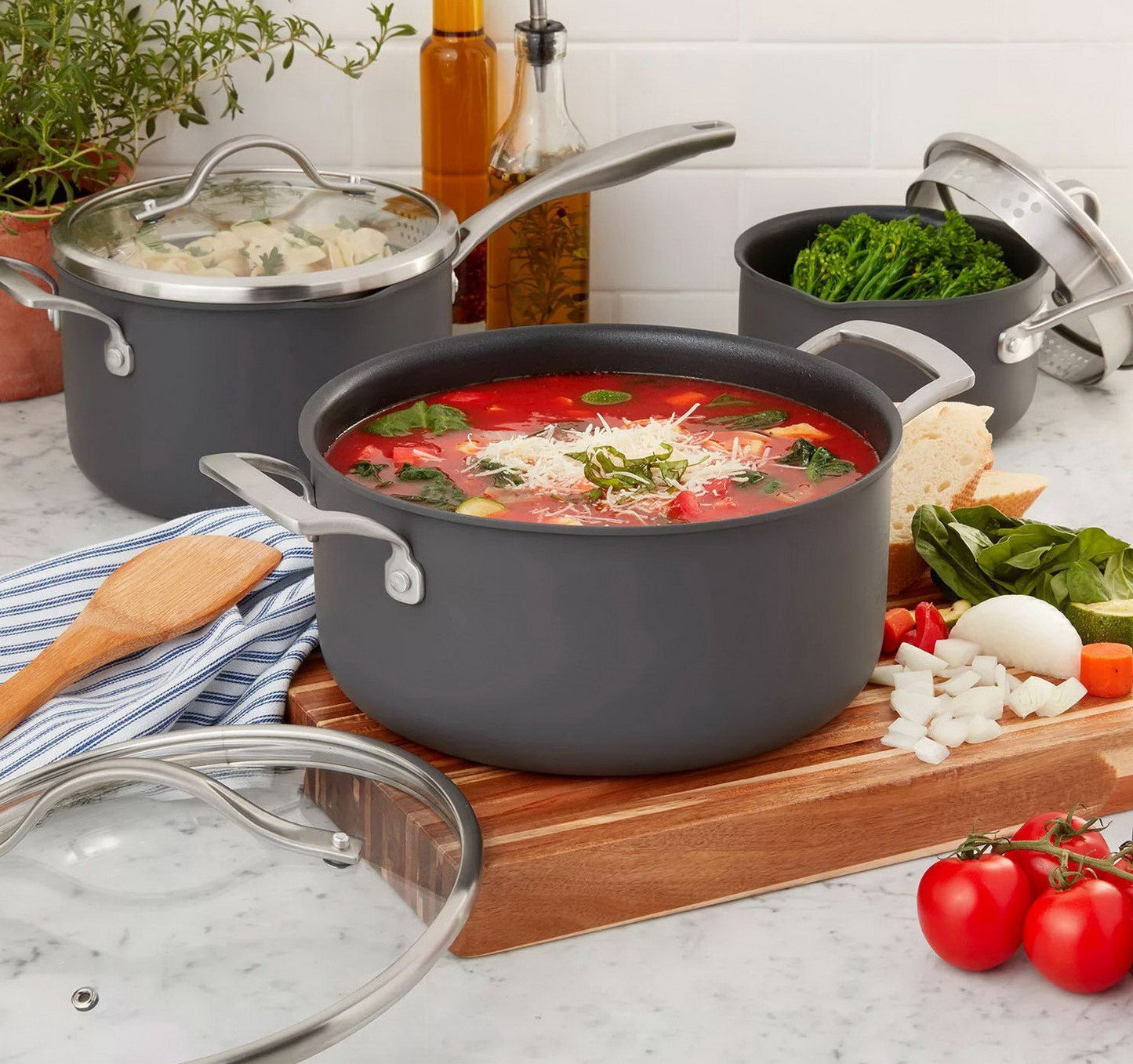 15 pc Cookware Set Saute Fry Sauce Pans Glass Lids Hard Anodized Aluminum