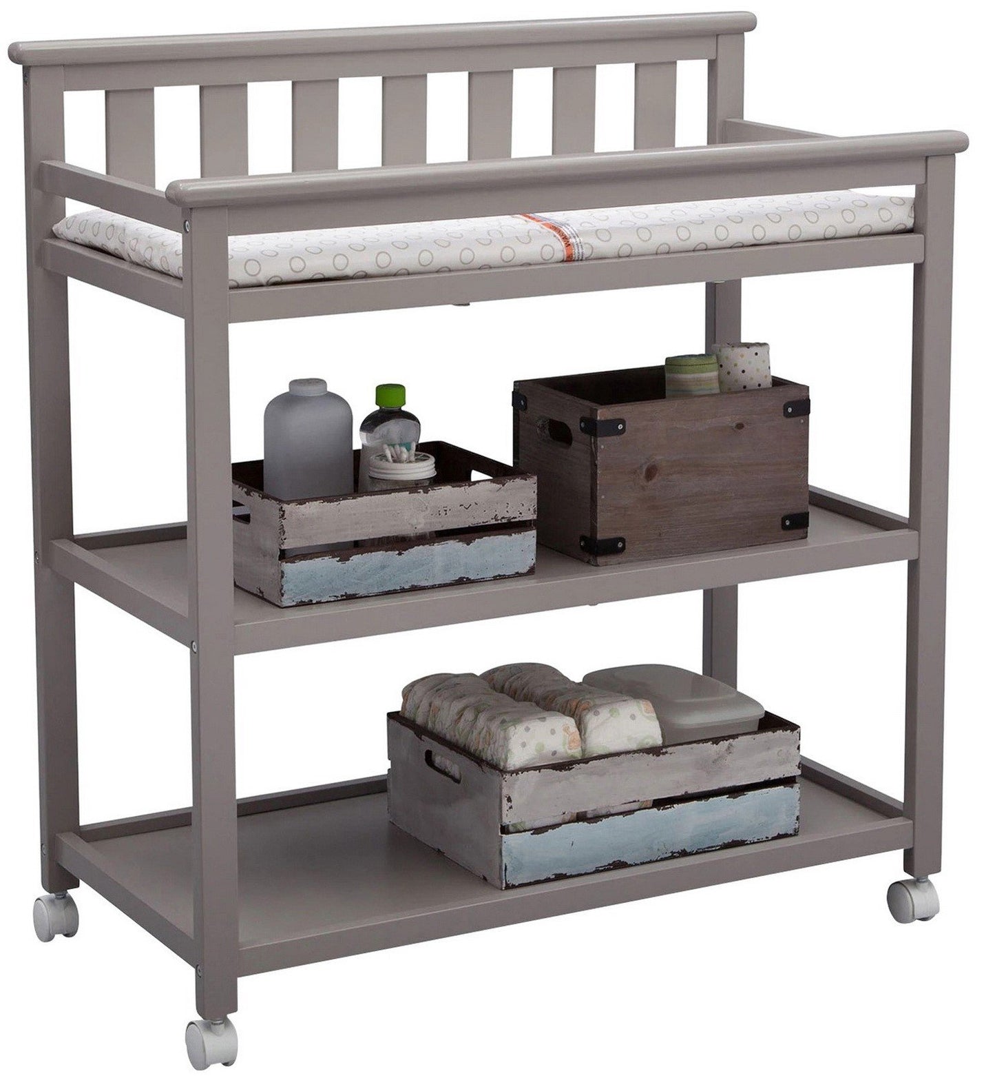 Flat Top Rolling Wood Changing Table 2 Storage Shelves with Pad White or Gray