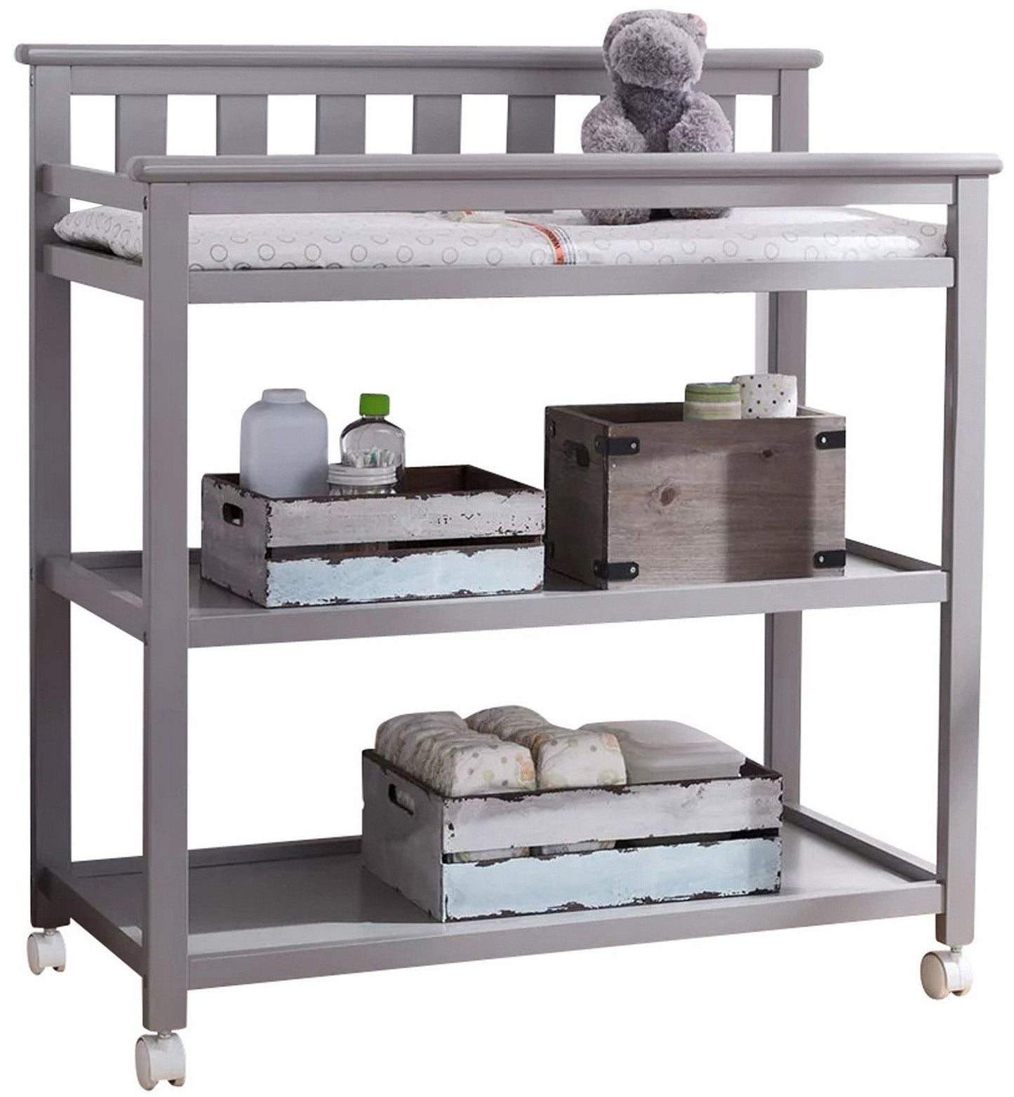 Flat Top Rolling Wood Changing Table 2 Storage Shelves with Pad White or Gray