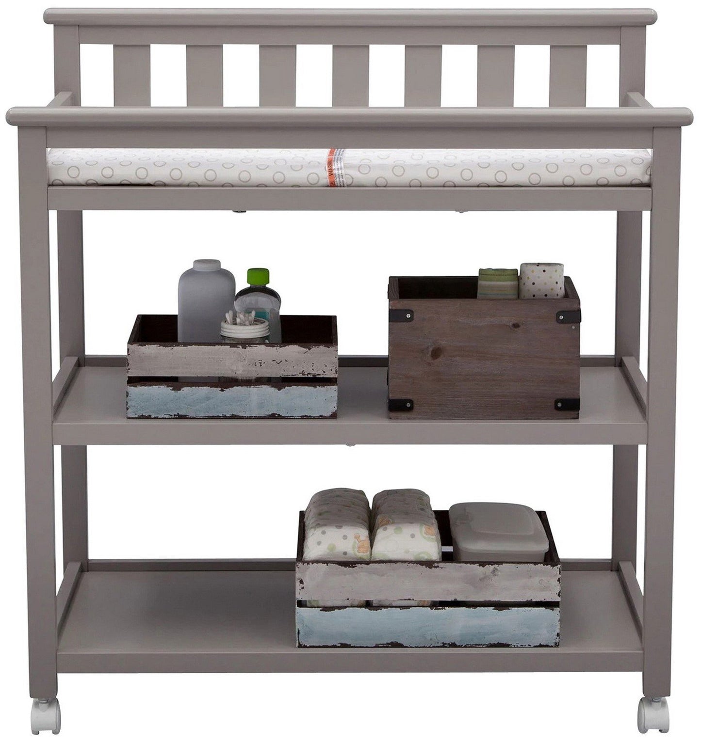 Flat Top Rolling Wood Changing Table 2 Storage Shelves with Pad White or Gray