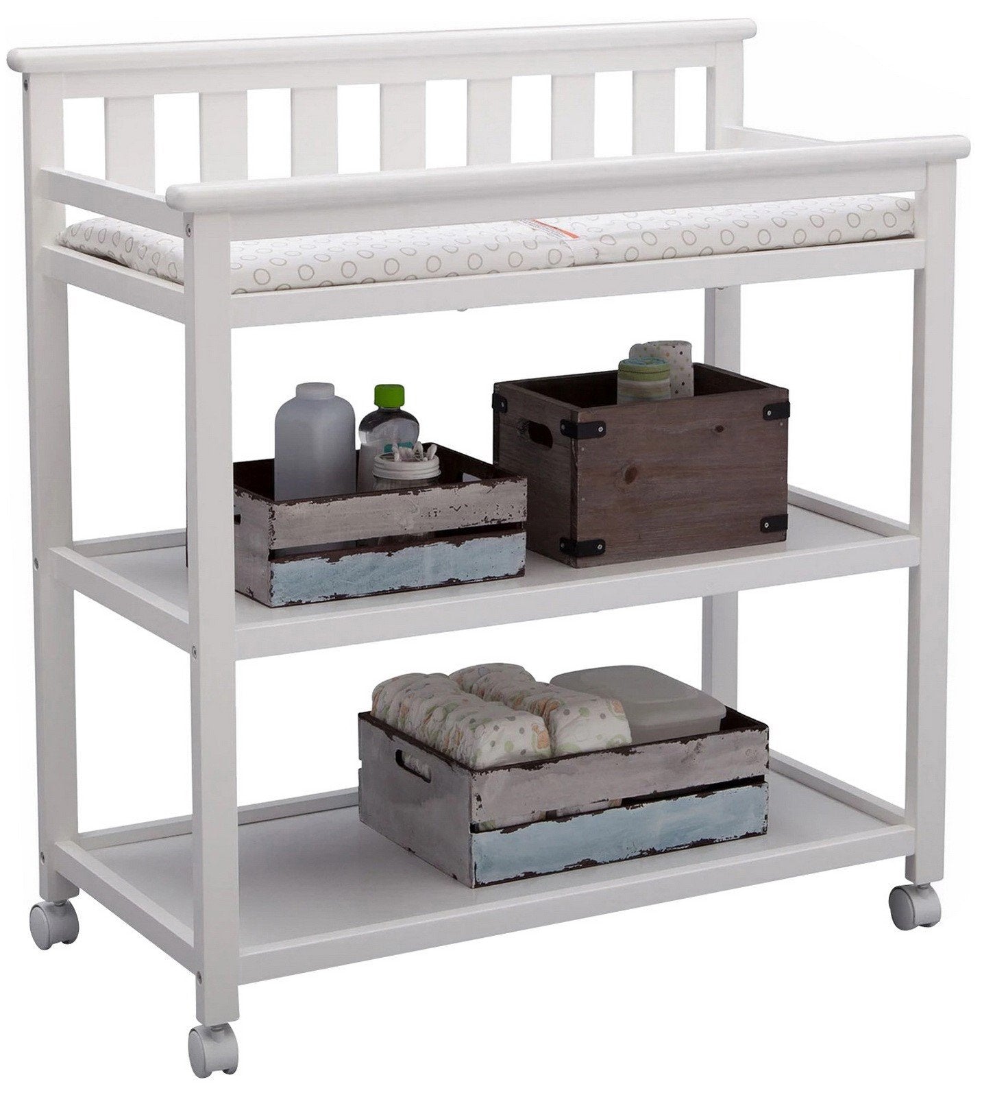 Flat Top Rolling Wood Changing Table 2 Storage Shelves with Pad White or Gray
