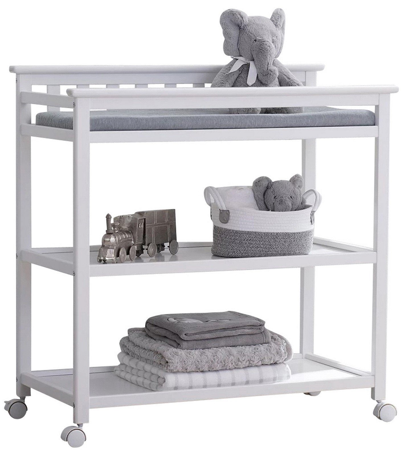 Flat Top Rolling Wood Changing Table 2 Storage Shelves with Pad White or Gray