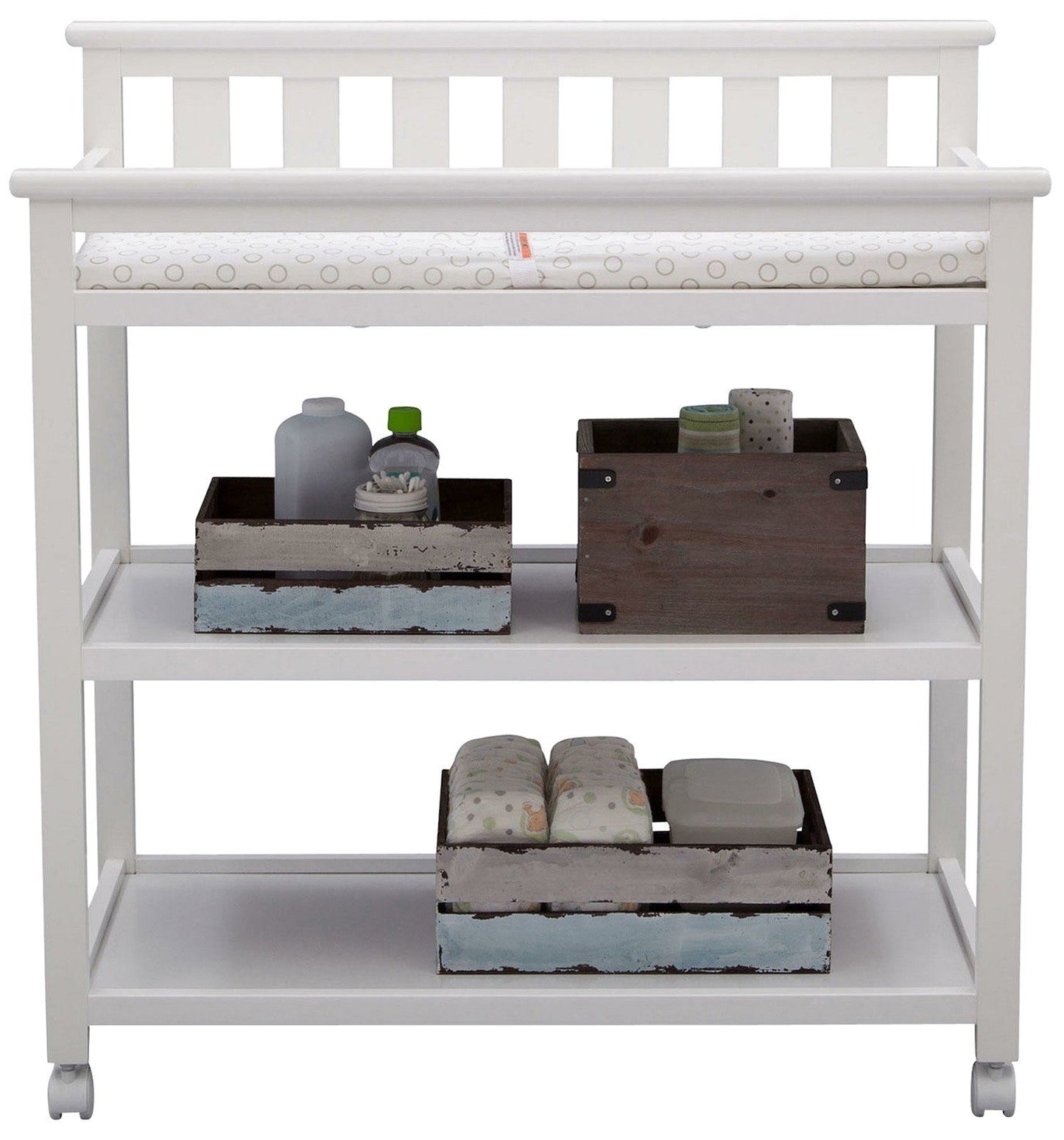Flat Top Rolling Wood Changing Table 2 Storage Shelves with Pad White or Gray