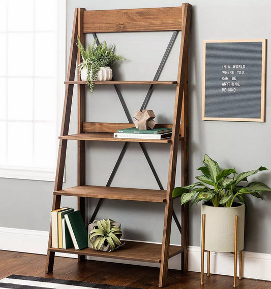 68" Tall Solid Wood Ladder Shelving Unit Bookshelf 4 Large Shelves Angled Legs