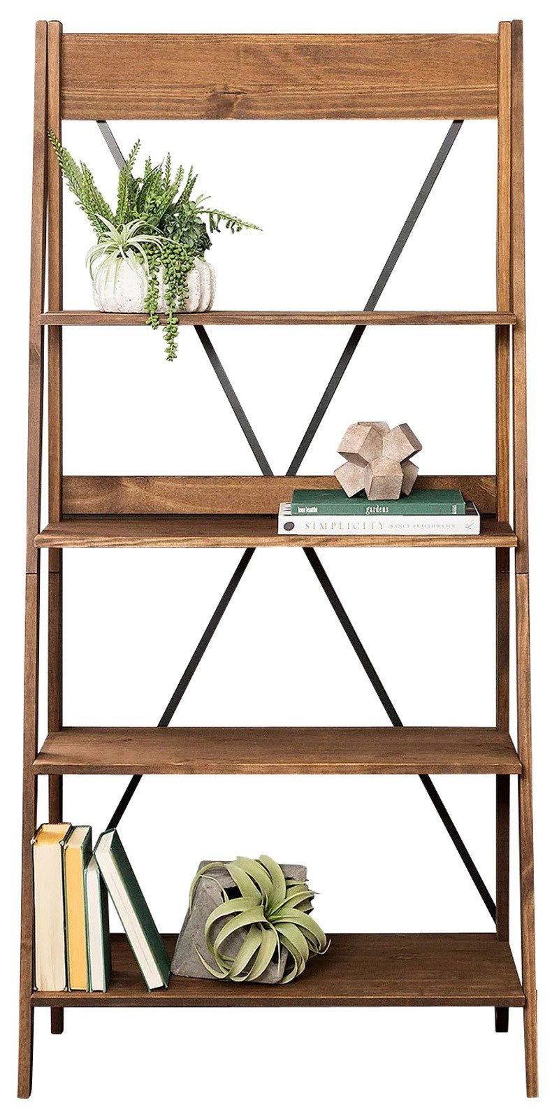 68" Tall Solid Wood Ladder Shelving Unit Bookshelf 4 Large Shelves Angled Legs