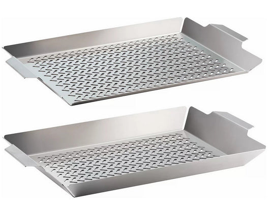 Set of 2 Stainless Steel Outdoor BBQ Grill Roasting Pans 19" x 13" Perforated