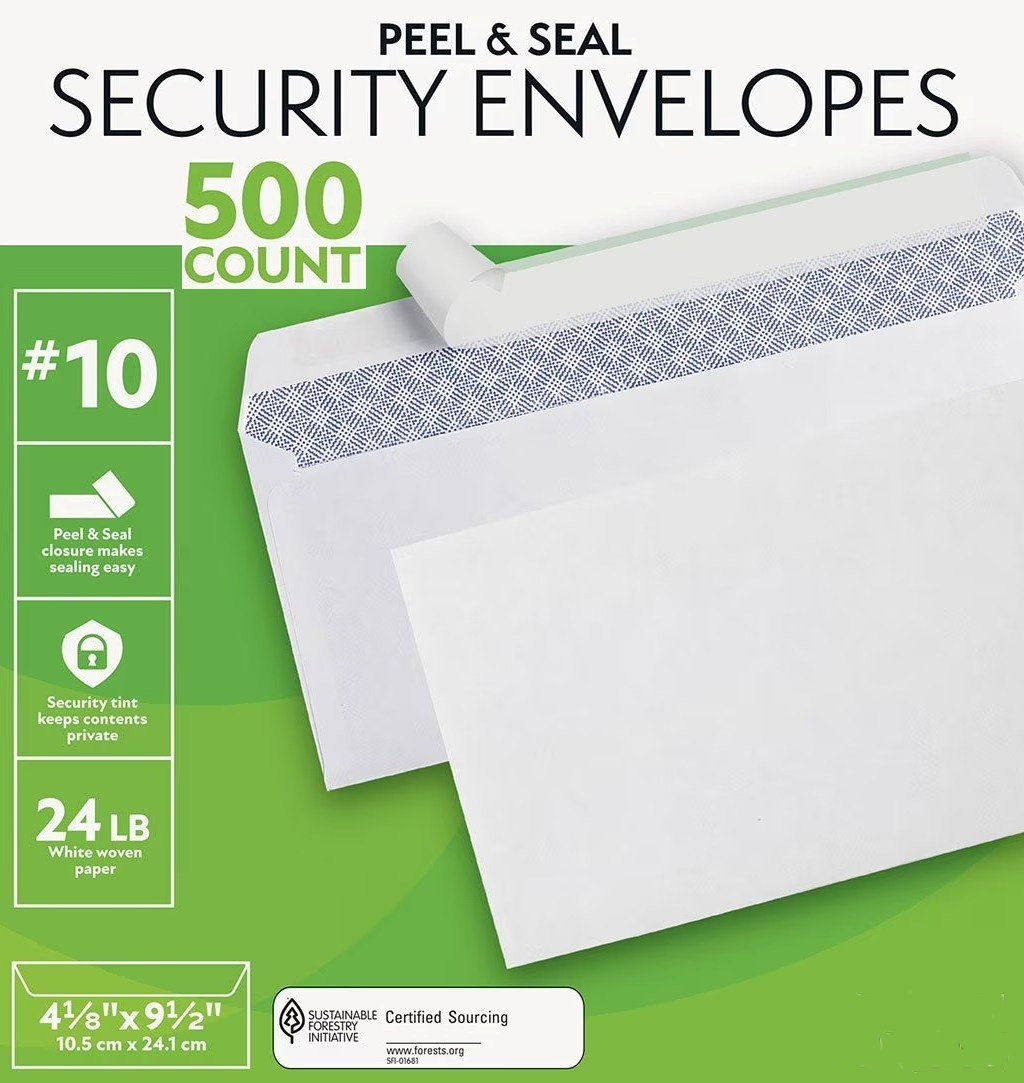 500 #10 White Security Envelopes 500 count Peel & Seal Closure