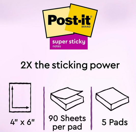 90 Sheet 4" x 6" Post-it Notes Super Sticky Note Pads Yellow 5 10 or 15 pack