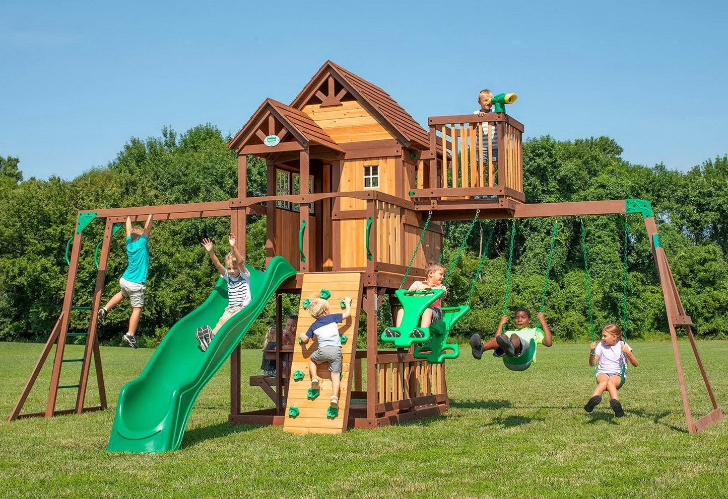 Cedar Wood Playground Swing Set Huge 9 Kid Fort Wave Slide Climbing Wall