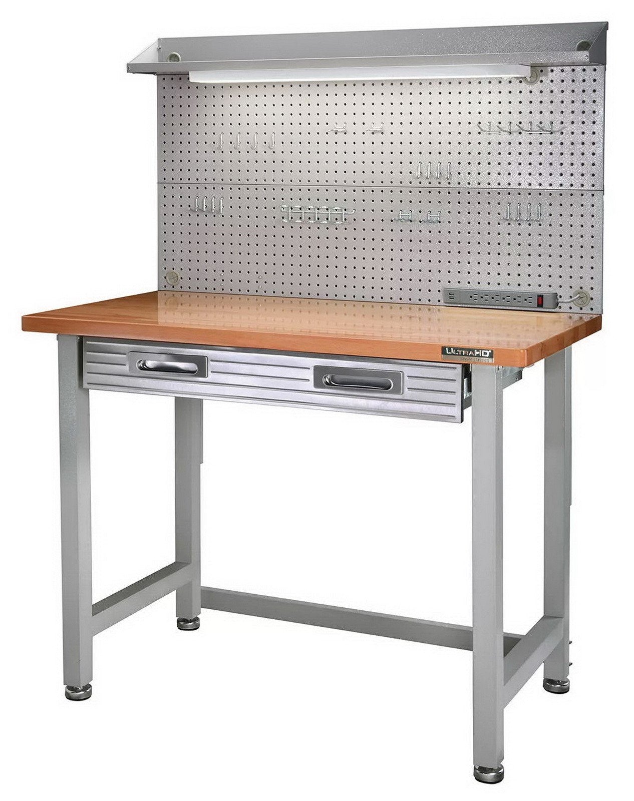 Hardwood Top LED Lighted Wood Work Bench 48" Wide Steel Frame Peg Board & Drawer