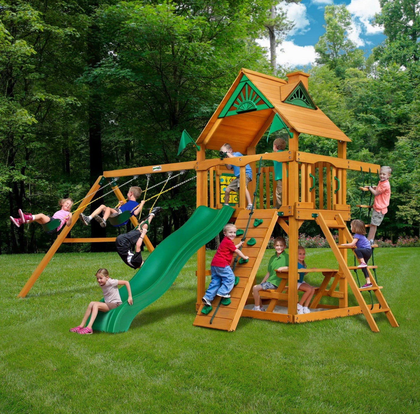 Giant Cedar Wood Playground Play Set Swing Slide Clubhouse Rock Wall