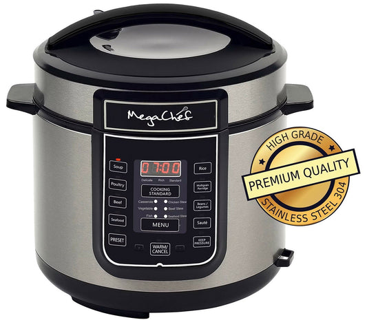 MegaChef 6 Qt Digital Pressure Cooker 1000 Watt Stainless Steel Pot Programmable