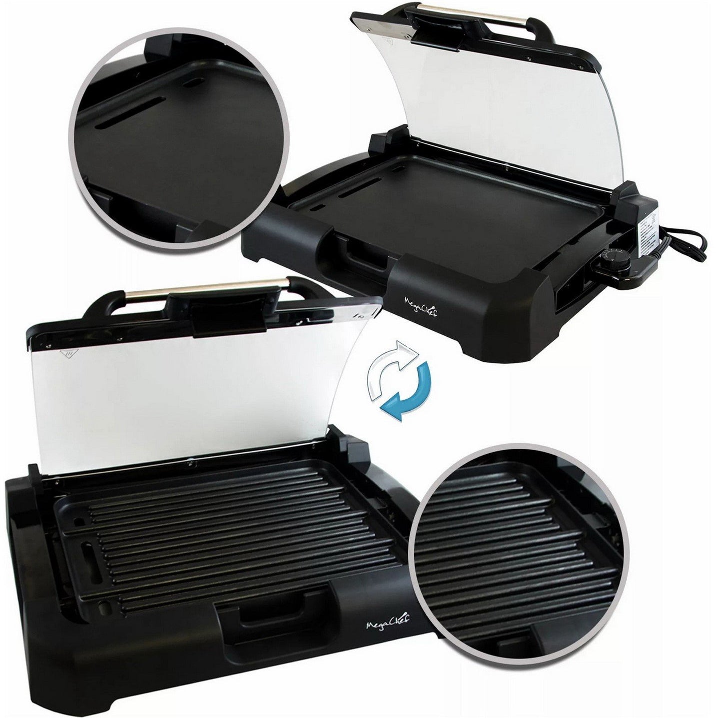 MegaChef Indoor Kitchen Grill Griddle Removable Glass Lid Non-Stick Reversible