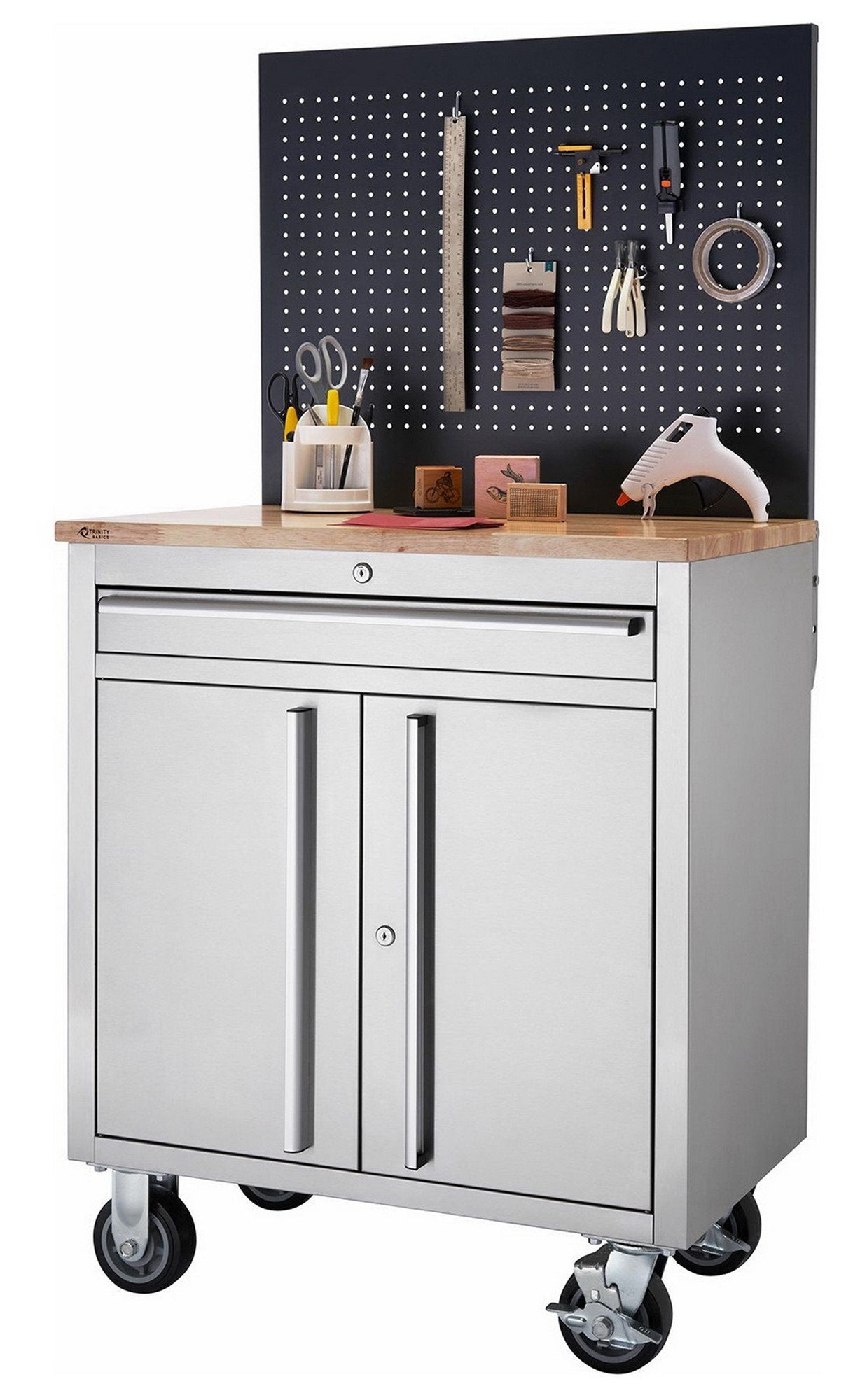 31" Stainless Steel Wood Top Workbench w/ Pegboard Tool Storage Box Work Bench