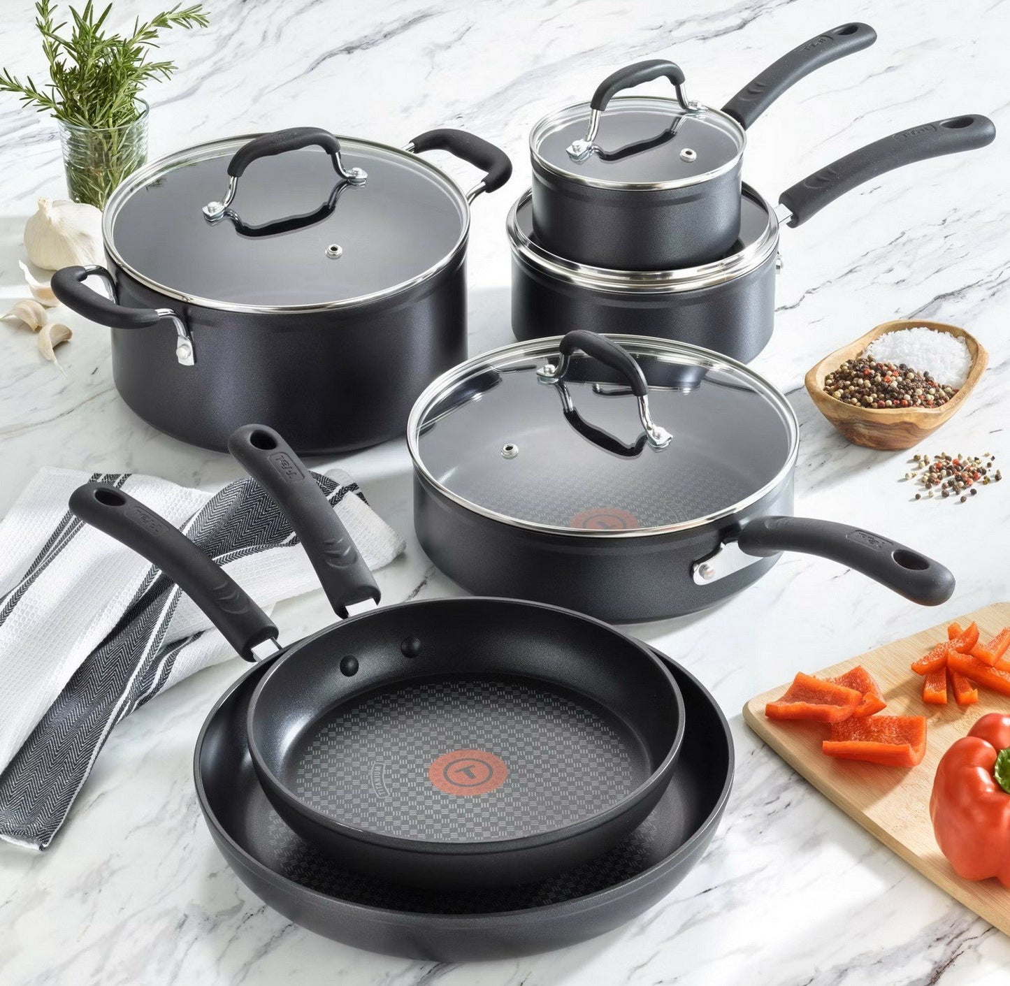 T-fal 10 pc Forged Aluminum Non-Stick Cookware Set Saute Sauce Pans Dutch Oven