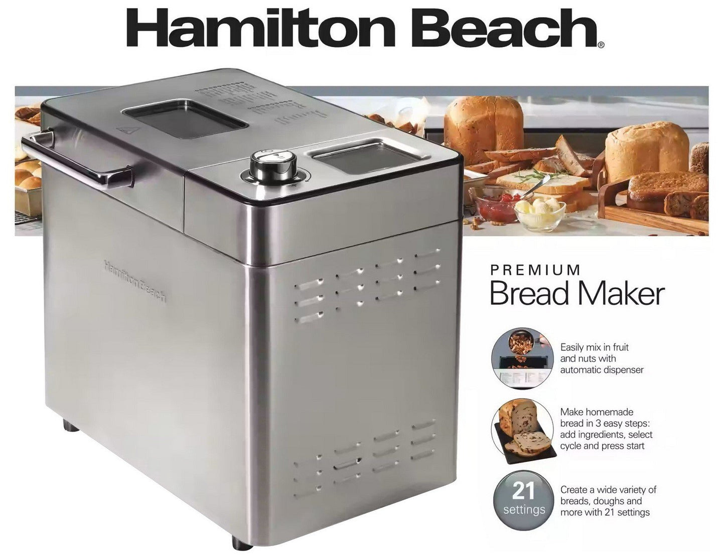 Hamilton Beach Stainless Steel Bread Maker with Fruit Nut Dispenser 21 Settings