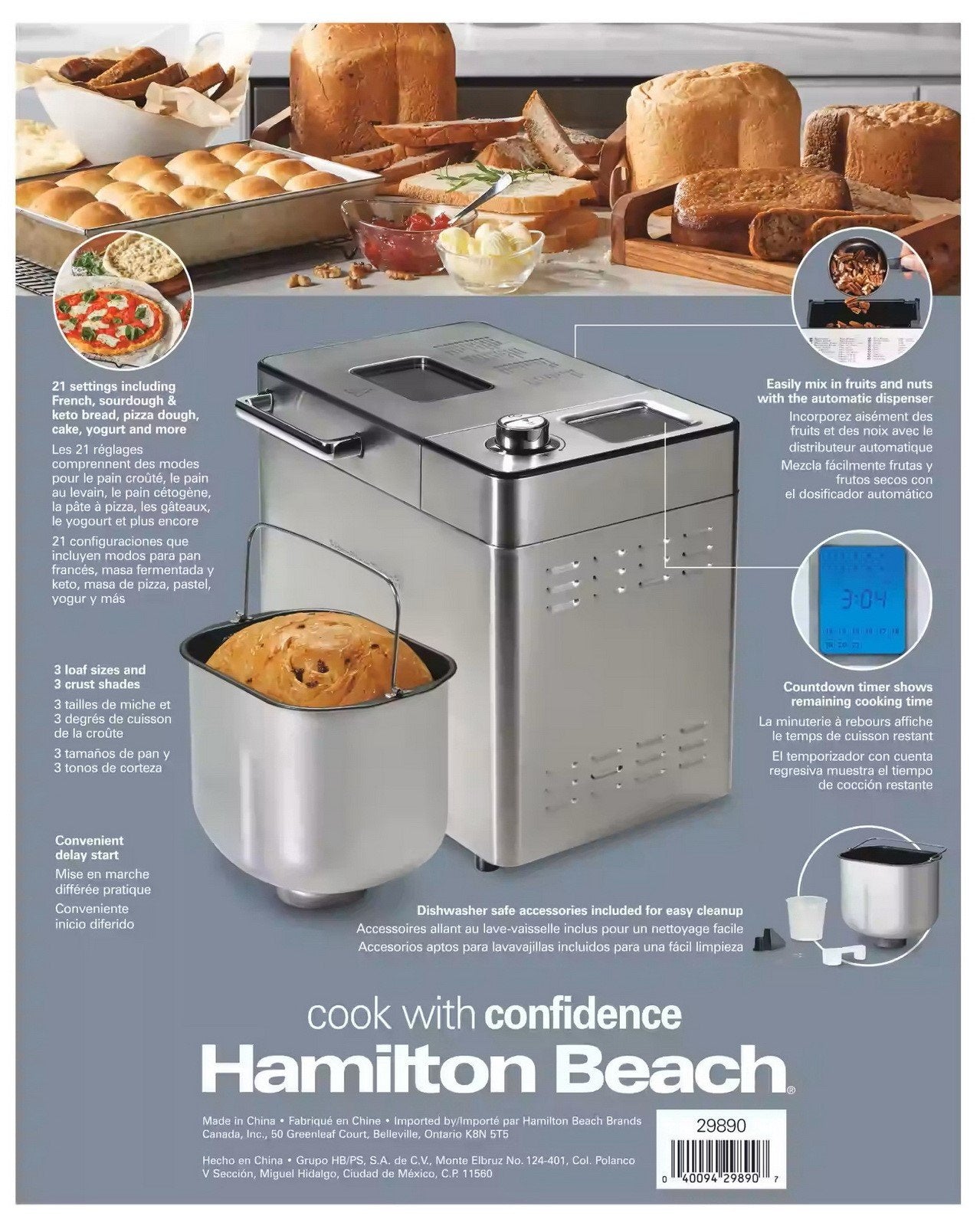 Hamilton Beach Stainless Steel Bread Maker with Fruit Nut Dispenser 21 Settings