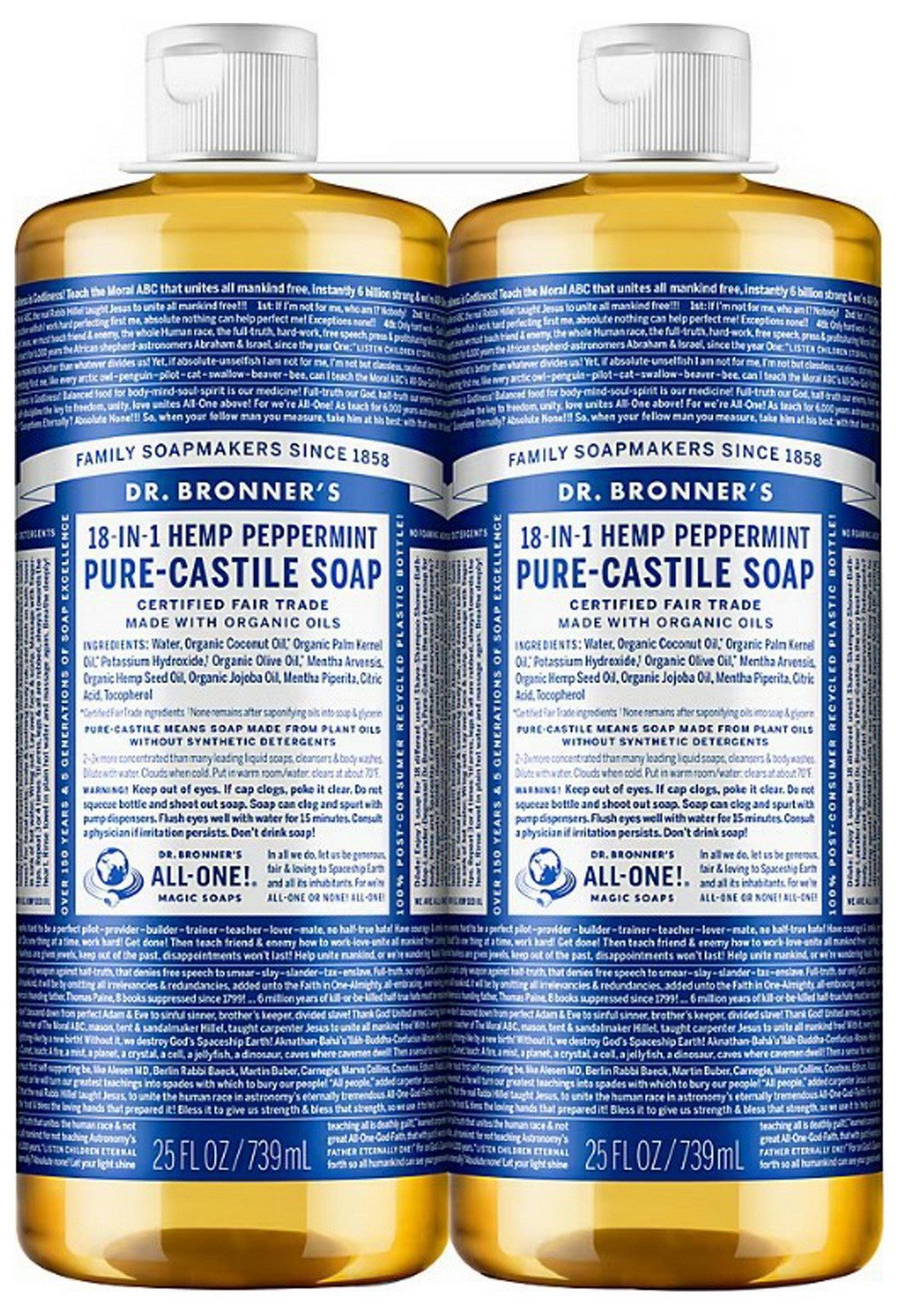 Dr Bronner's 18-in-1 Uses Peppermint Pure Castile Soap Two 25 oz Body Wash