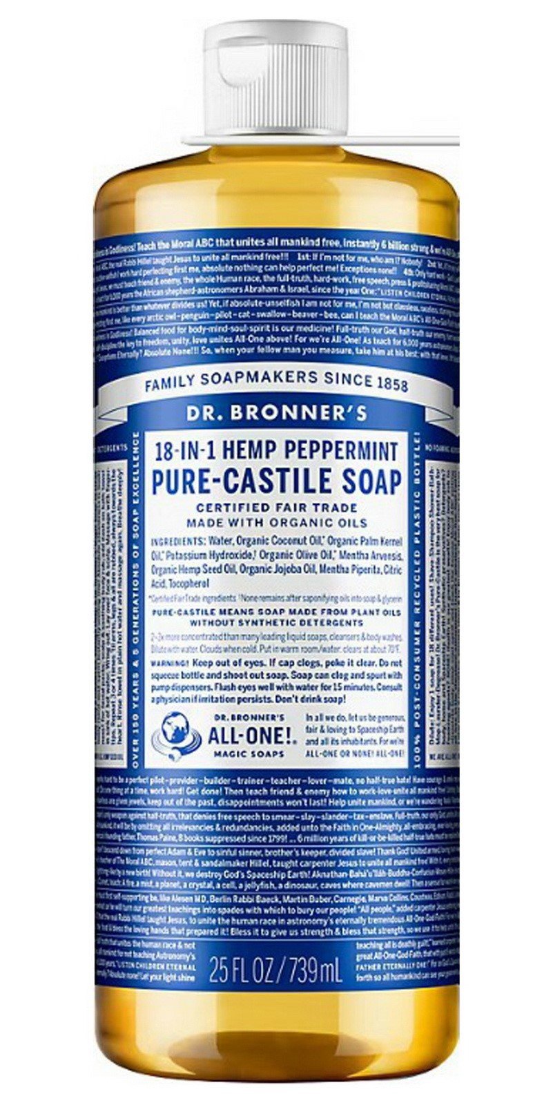 Dr Bronner's 18-in-1 Uses Peppermint Pure Castile Soap Two 25 oz Body Wash