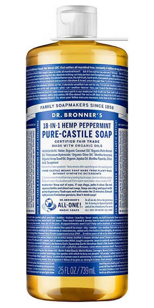 Dr Bronner's 18-in-1 Uses Peppermint Pure Castile Soap Two 25 oz Body Wash