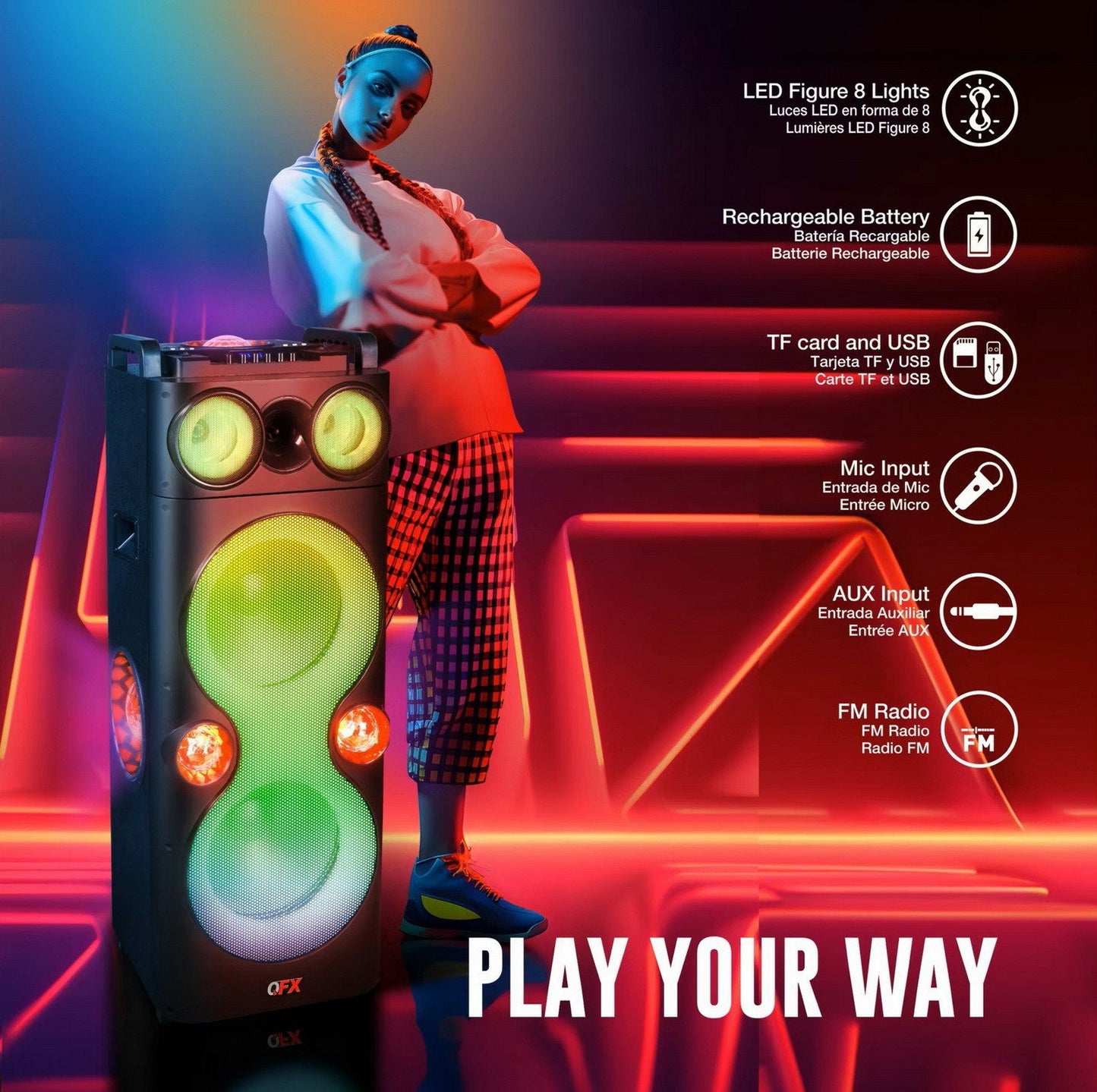 QFX Portable Bluetooth Party Speaker Dual 12" Woofers Battery and LED Lights